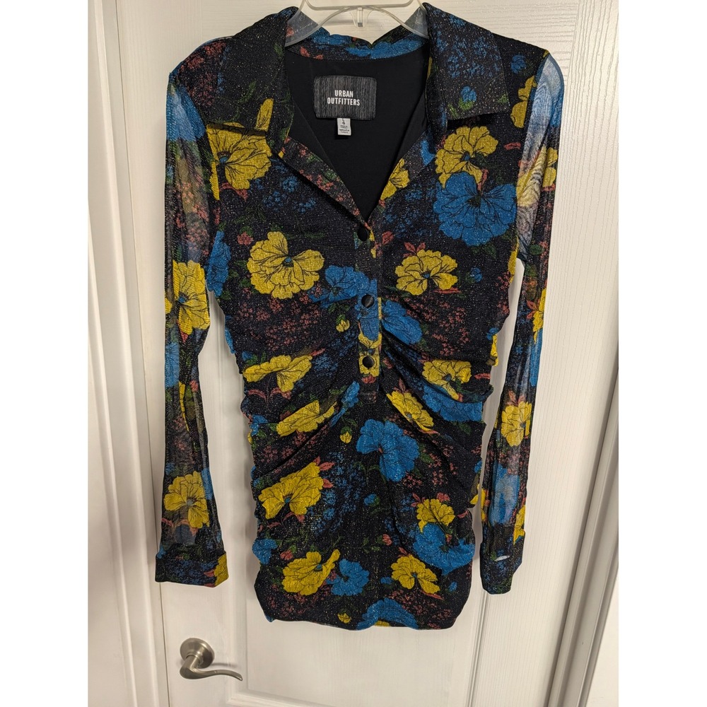 Urban Outfitters Glitter Mesh Ruched Floral Mini Dress Blue Yellow Large - Picture 2 of 6